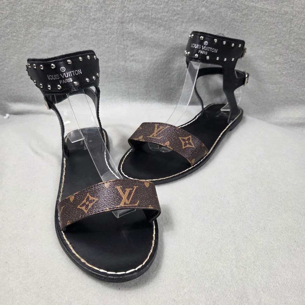Louis Vuitton Monogram Studded Ankle Strap Sandals Black Leather Size 10